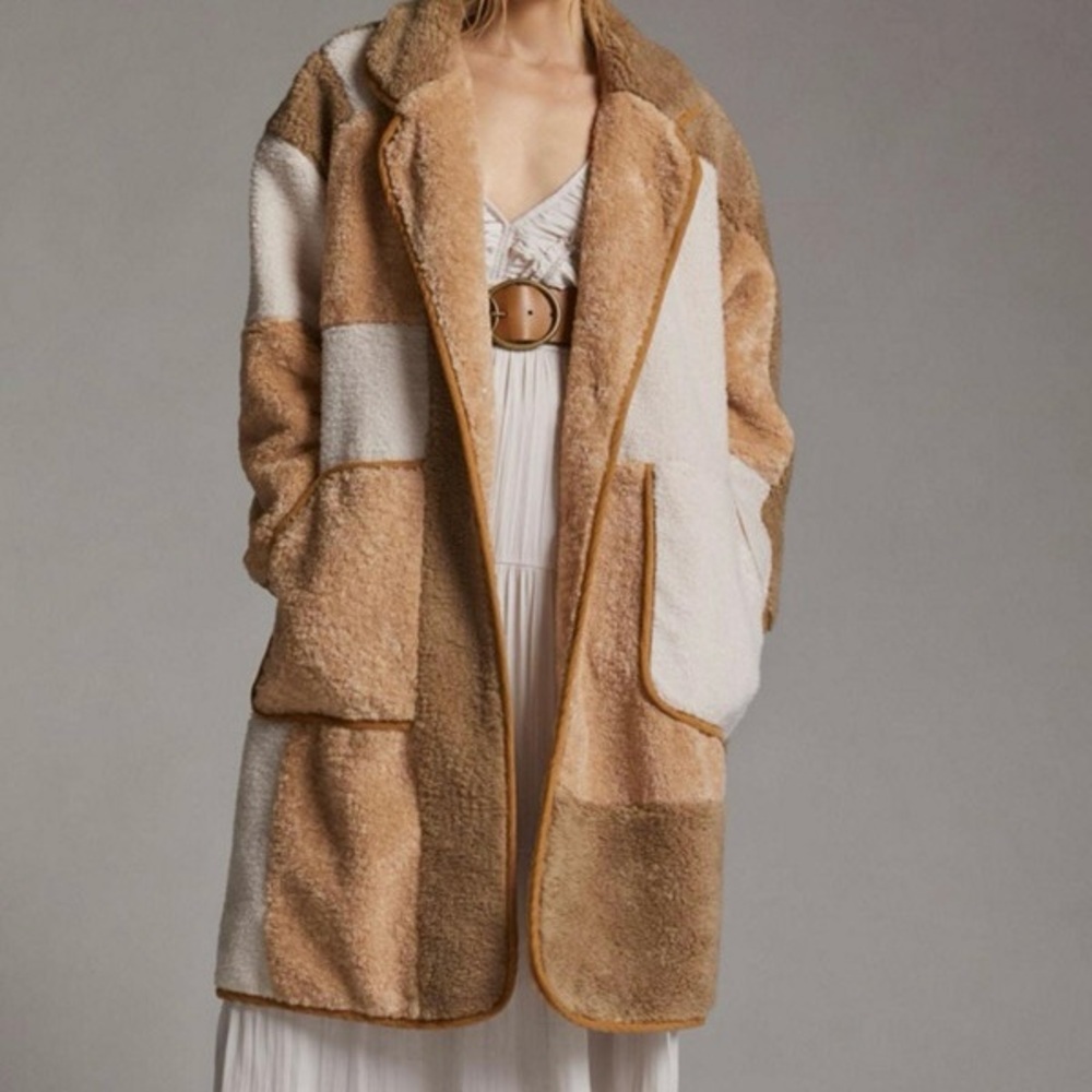 Anthropologie Sherpa Teddy Coat in Tan Cream Colorblocked  Pilcro - XS